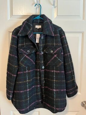 NWT LOFT Black Plaid Wool-Blend Utility Shacket with Pink & Teal Stripes